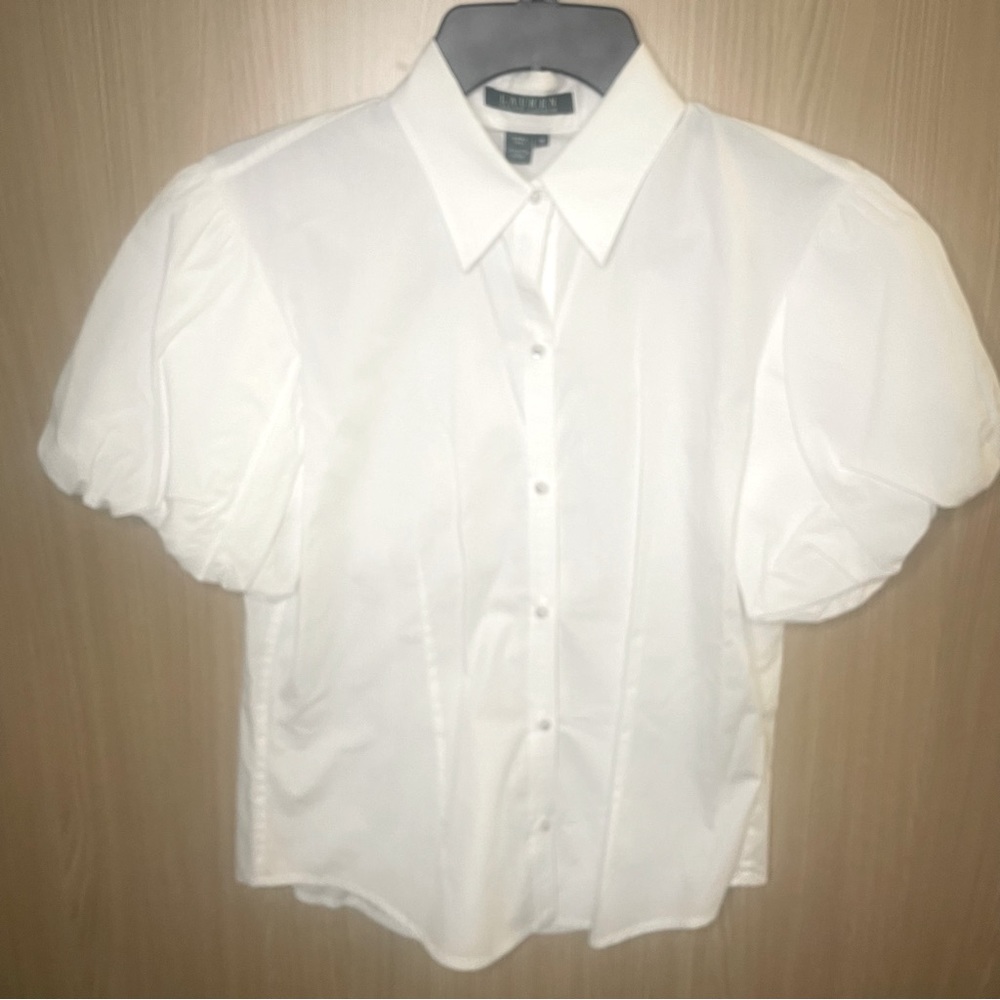 Lauren Short Sleeved White Button-up Puff Sleeve Collared Shirt Size M